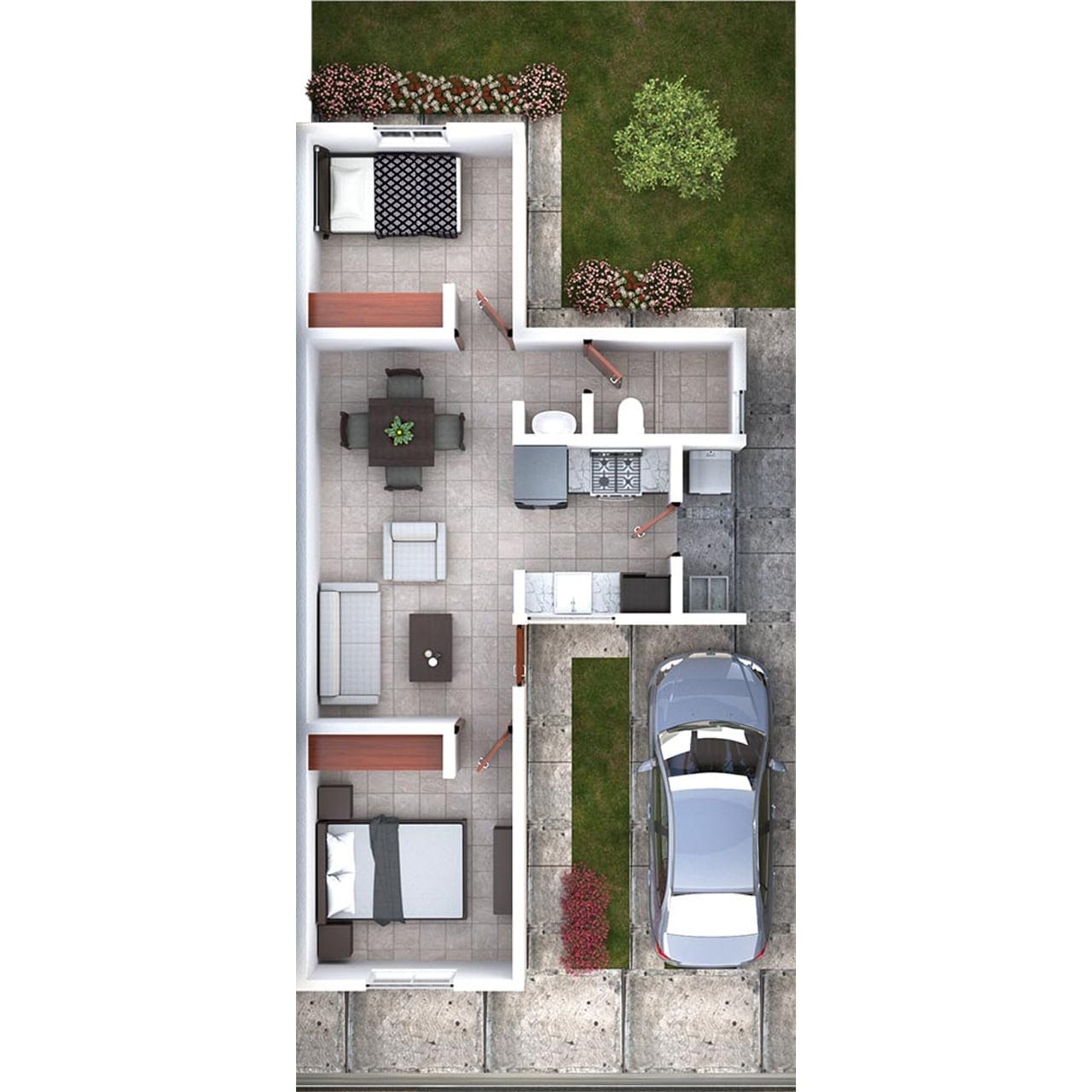 Render y distribución de espacios de la Casa Modelo Oro